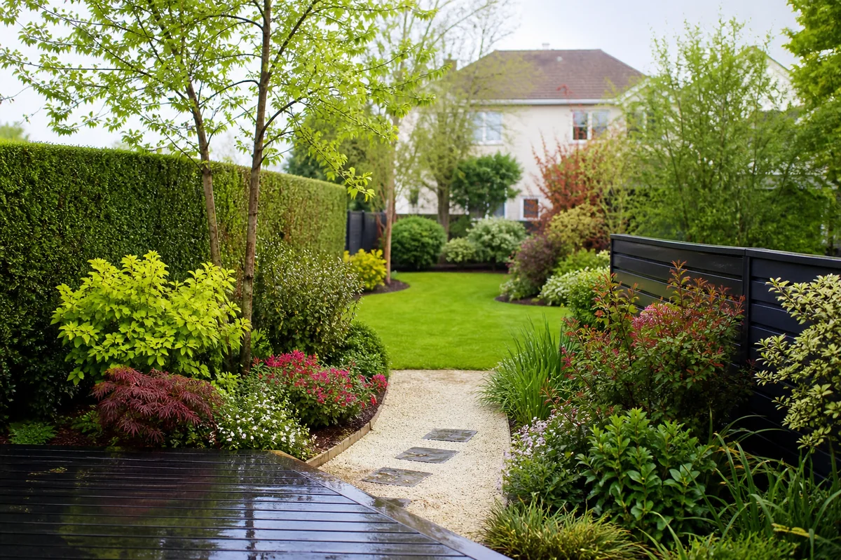 Jardin paysager avec pelouse, massifs et clôture